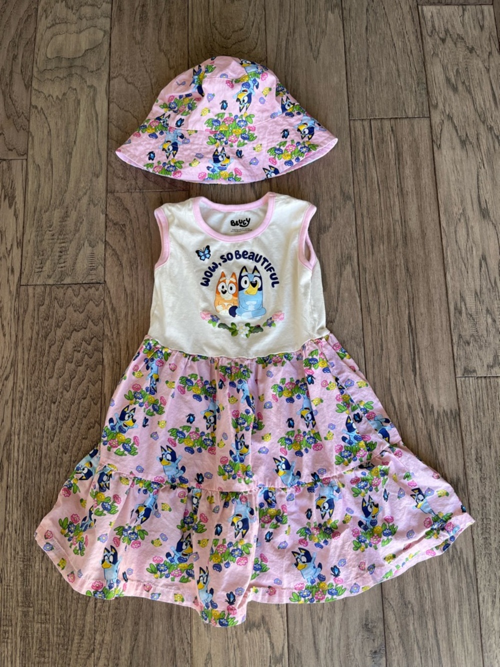Bluey So Beautiful Pink Floral Dress & Hat Set 5t